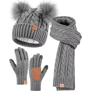Winuesa Winter Fleece Lined Beanie Hat Scarf Glove Set for Women Grey, Double Po